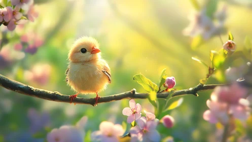 Fluffy spring chick rests on a blossom branch in golden light