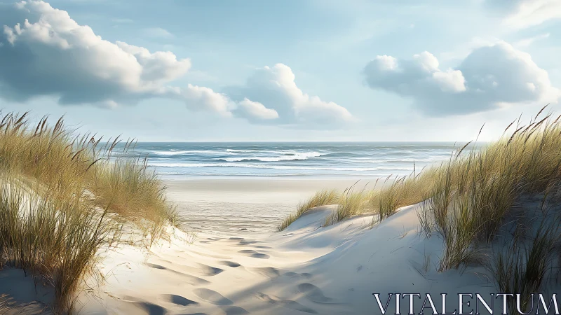 Sunlit coastal dunes frame tranquil pastel surf horizon.