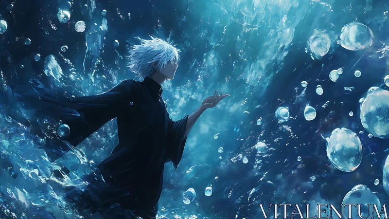 Solitary silver-haired figure drifting through azure spheres.