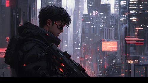Cyberpunk soldier stands armed before neon cityscape