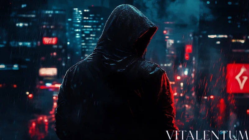 Hooded figure stands in neon rain above a brooding city street