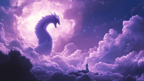 Purple sky dragon looms over lone figure in clouds.