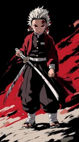 Young anime swordsman stands defiant amid crimson fury