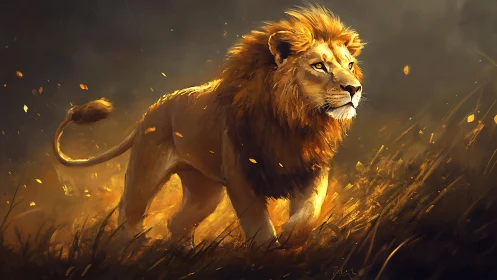 Majestic lion strides through glowing golden grassland.