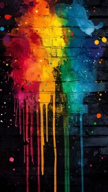 Vertical spectrum drips on dark brick wall in digital painting.