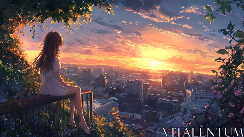 Girl in white dress quietly watches a glowing city sunset