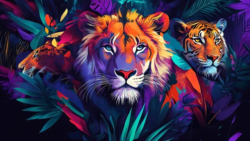 Chromatic Felidae Triumvirate: Neon-Saturation Rendered Big Cats.