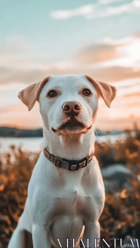 White dog portrait outdoors at sunset with warm background tones.