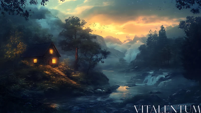Digital painting of riverside cabin in misted twilight forest.