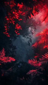 Red foliage frames dark misty jungle canopy opening