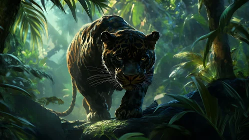 Black Jaguar in Rainforest Canopy with Luminous Atmospheric Rendering
