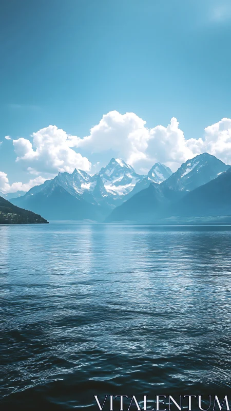 Alpine lake and distant snow peaks rendered in cool cyan tones