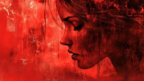 Crimson side profile portrait with textured abstract overlays.