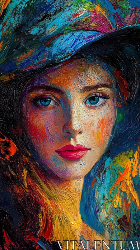 Vivid oil portrait of woman with hat and intense gaze.