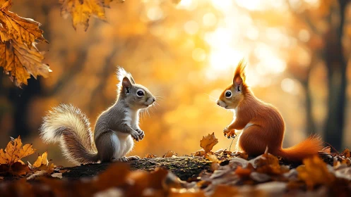 Two squirrels on forest floor amid autumn foliage.