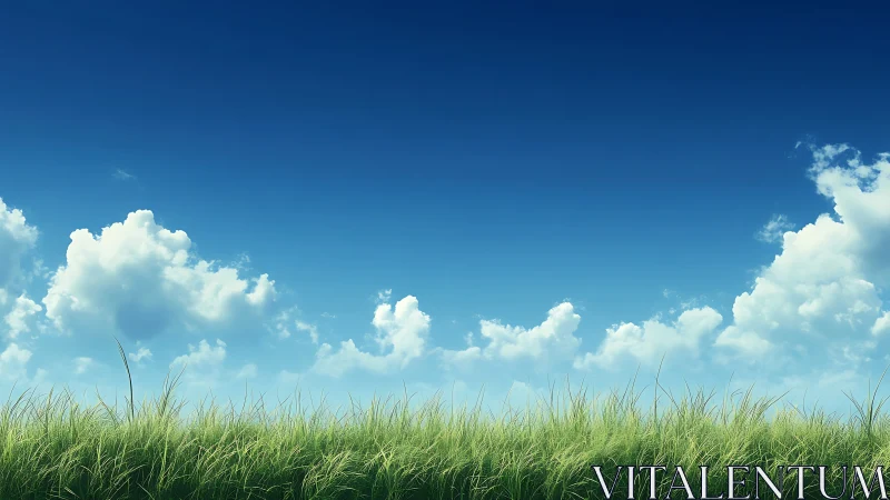 Peaceful grassy field under blue sky with fluffy clouds, digital art.