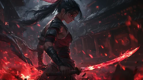 Blade-wielding warrior commands crimson flames at dusk.