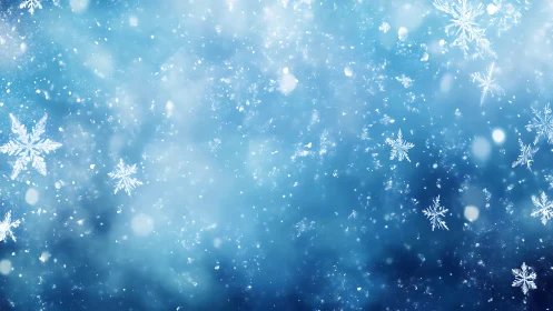 High-contrast macro-style snowflakes over defocused blue bokeh field