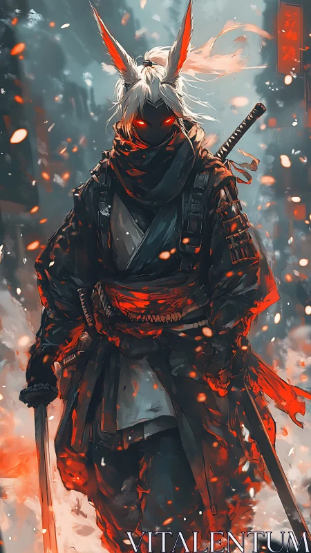 Demon fox swordsman strides through burning snowfall