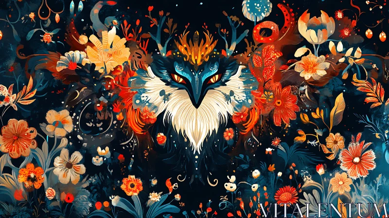 Symmetrical fox deity rendered in dense, high-contrast floral abstraction