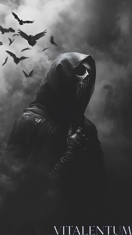 Veiled reaper rises in stormlit fog with a crown of crows.