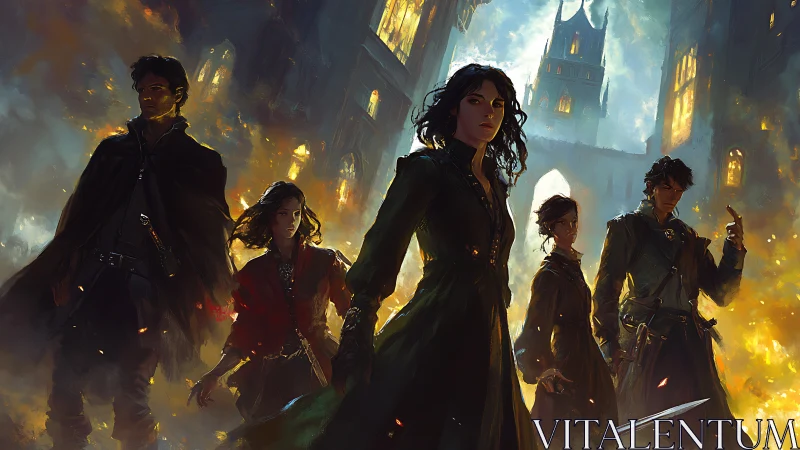 Five rogue heroes advance through a burning gothic cityscape
