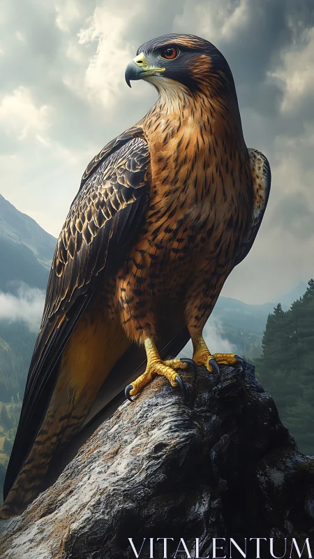 Majestic hawk surveys misty mountain valley from rocky perch.