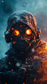 Hooded figure in gas mask stands amid frost and orange embers
