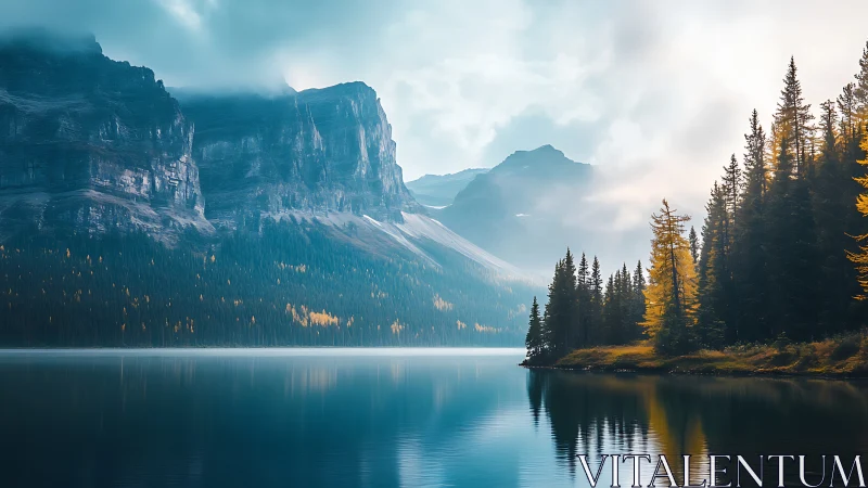 Misty mountain lake cradles fiery autumn pines in silence.