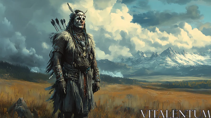 Warrior figure in fur garments overlooking open valley.