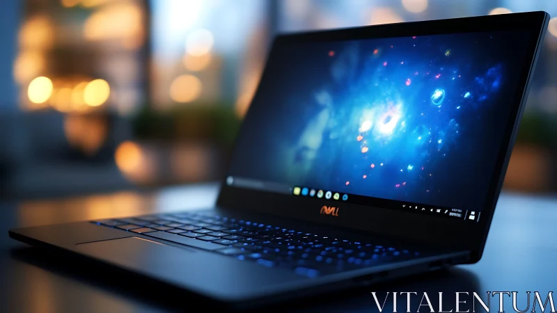 Ultraslim laptop displays vivid nebula desktop in bokeh light