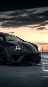 Sleek matte sports car waits under a dramatic sunset sky