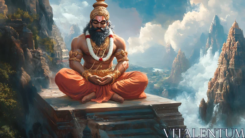 Seated mythic figure on stone platform in mountainous setting.