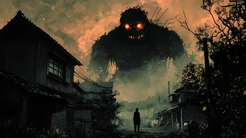 Colossal ember-eyed entity looming above abandoned village.
