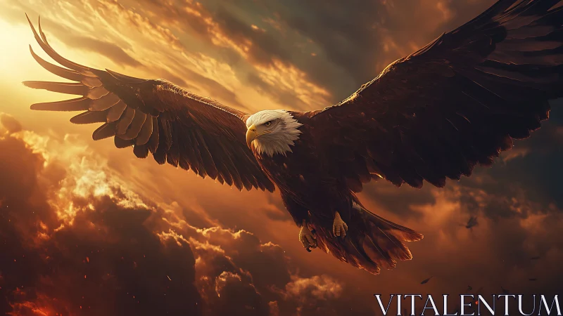 Majestic Bald Eagle Soaring at Sunset in Dramatic Realism Style.