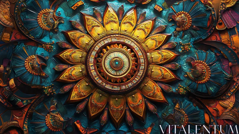 Clockwork sunburst blooms in teal and burnished copper glory.