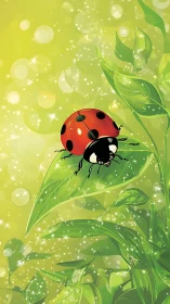 Ladybug resting on bright green leaf in glowing garden.