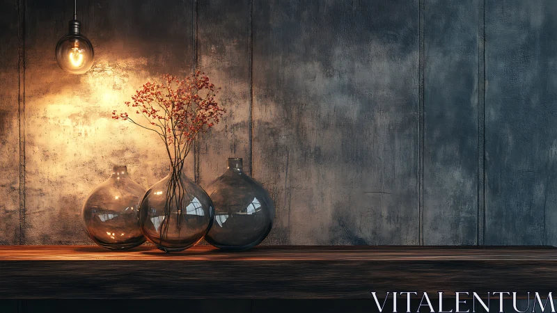 Glass vases and dried flowers on rustic wooden shelf.