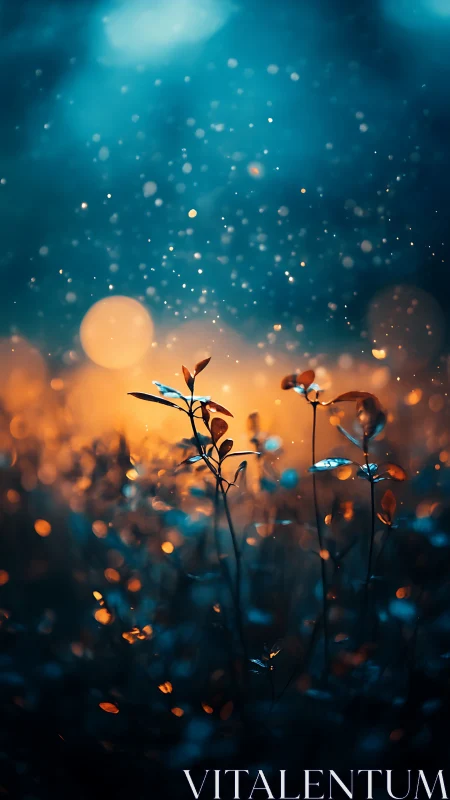 Bokeh-lit wild foliage under teal and amber twilight glow.