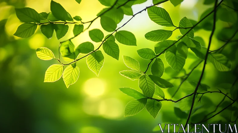 Sunlit Green Leaves on Tree Branches in Soft Focus Nature Style.