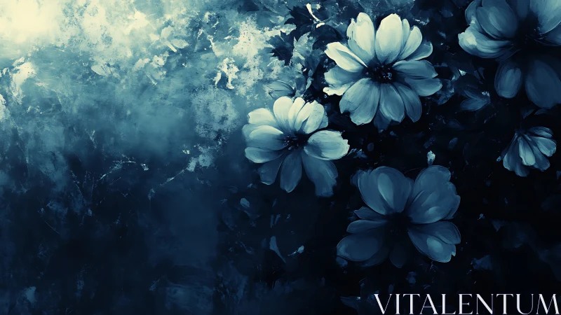 Blue cosmos blooms drift through ethereal mist.