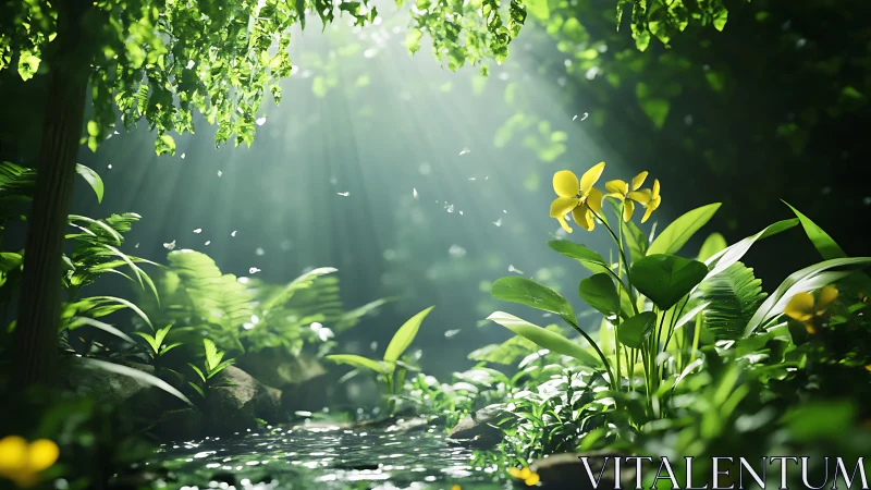 Photorealistic forest glade with backlit yellow wildflowers.