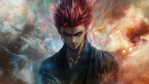 Scarlet storm-eyed warrior crowned in cosmic embers.