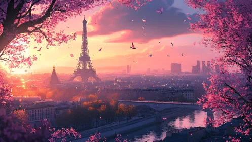 Sunset sky bathes Eiffel Tower amid blooming cherry trees