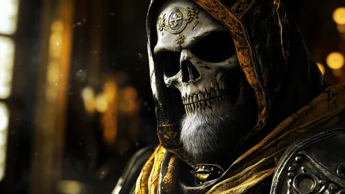 Hooded skeletal warlord portrait in golden-lit chamber.