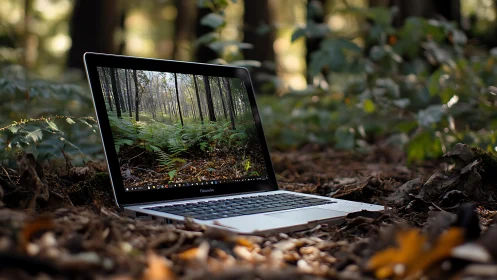 Open laptop rests on forest floor with vivid nature display