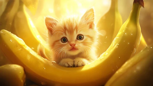 Kitten Nestled in Giant Banana Peel with Luminous Glow