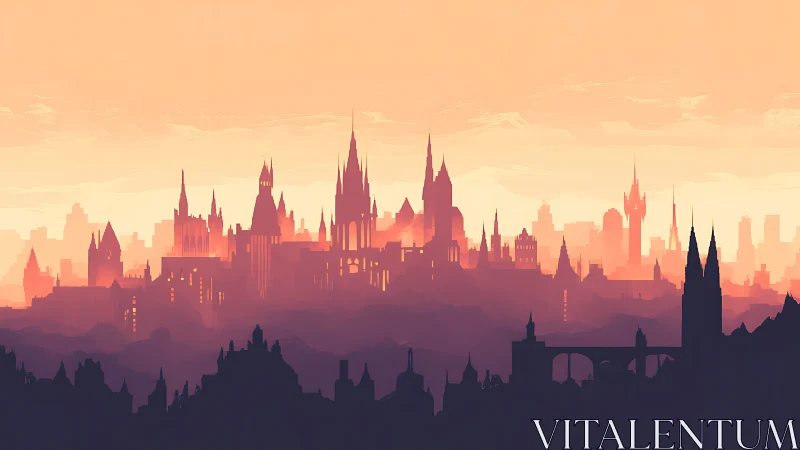 Sunlit fantasy city skyline glowing in layered twilight.