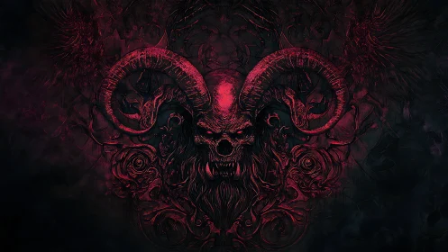 Demonic horned skull emerges from swirling crimson darkness