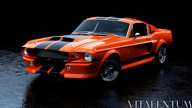 Orange muscle car stands under moody light on wet asphalt